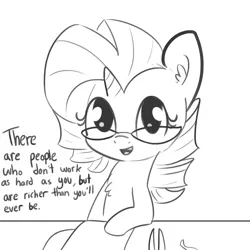 Size: 1650x1650 | Tagged: safe, artist:tjpones, derpibooru import, part of a set, rarity, pony, unicorn, chest fluff, demotivational, dialogue, ear fluff, female, glasses, grayscale, looking at you, mare, monochrome, open mouth, simple background, sketch, solo, white background