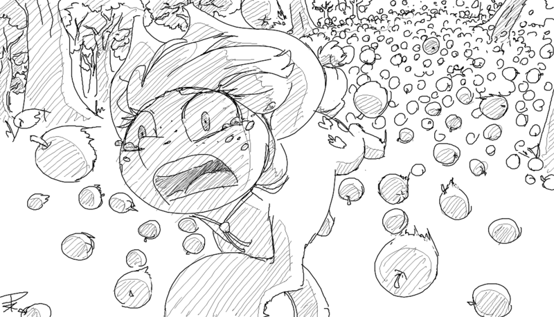 Size: 1120x642 | Tagged: safe, artist:prismspark, derpibooru import, applejack, earth pony, pony, apple, black and white, cowboy hat, food, grayscale, hat, monochrome, ms paint, open mouth, perspective, running, scared, simple background, solo, tree, white background