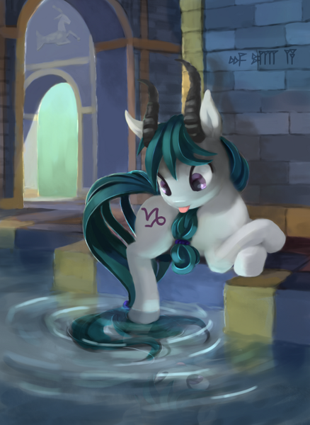 Size: 590x808 | Tagged: safe, artist:bakuel, derpibooru import, ponified, pony, capricorn, crossed hooves, cute, horoscope, ponyscopes, scenery, tongue out, water, zodiac