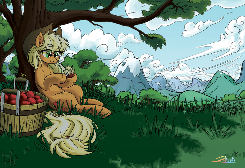 Size: 4821x3300 | Tagged: safe, artist:prismspark, derpibooru import, applejack, pony, apple, carving, female, food, hat, hoof hold, knife, mare, mountain, mountain range, scenery, sitting, solo, tree, wood carving