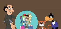 Size: 4025x1904 | Tagged: safe, artist:hunterxcolleen, derpibooru import, applejack, rainbow dash, oc, oc:stewart gary, cat, human, vulture, equestria girls, azrael, brown background, crossover, crystal ball, gargamel, hug, humanized, judy hopps, monty, parody, simple background, smurfs, the smurfs, the wizard of oz, zootopia