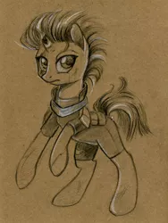 Size: 600x798 | Tagged: safe, artist:maytee, derpibooru import, tempest shadow, pony, unicorn, my little pony: the movie, armor, broken horn, eye scar, female, looking at you, mare, monochrome, partial color, rearing, scar, sepia, sketch, solo, traditional art