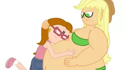 Size: 1024x575 | Tagged: suggestive, artist:haleyc4629, artist:jamesawilliams1996, derpibooru import, applejack, oc, series:applejack loves being fat, equestria girls, amplejack, applefat, bbw, belly, belly button, big belly, big breasts, bra, breasts, clothes, fat, glasses, hug, huge belly, morbidly obese, obese, panties, pun, self insert, simple background, underwear, weight gain, white background