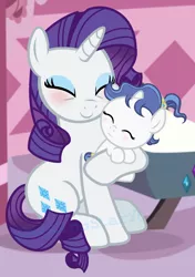 Size: 1126x1597 | Tagged: safe, artist:galaxyswirlsyt, derpibooru import, rarity, oc, oc:sky city, pony, unicorn, baby, baby pony, female, filly, mother and daughter, offspring, parent:fancypants, parent:rarity, parents:raripants