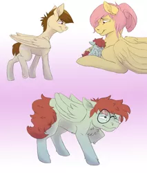 Size: 2741x3210 | Tagged: safe, artist:artikit, derpibooru import, featherweight, fluttershy, oc, oc:shutterbug, pegasus, pony, alternate hairstyle, baby, baby pony, chest fluff, colt, fluttermom, glasses, gradient background, hair bun, half-siblings, male, offspring, parent:bulk biceps, parent:fluttershy, parents:flutterbulk
