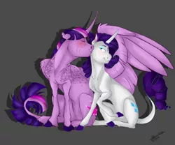 Size: 6000x5000 | Tagged: safe, artist:maxiima, derpibooru import, rarity, twilight sparkle, twilight sparkle (alicorn), alicorn, pony, unicorn, absurd resolution, curved horn, feather, female, kissing, leonine tail, lesbian, rarilight, scar, shipping, unshorn fetlocks