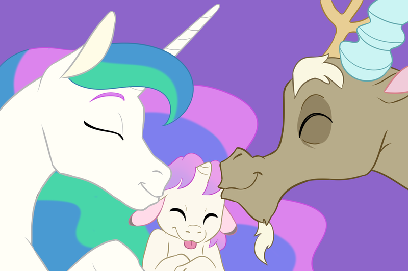 Size: 1504x1000 | Tagged: safe, artist:9centschange, derpibooru import, discord, princess celestia, oc, oc:prince concord, hybrid, :p, baby, cute, cutelestia, discute, dislestia, eyes closed, family, father and son, female, floppy ears, forehead kiss, horn, interspecies offspring, kiss on the cheek, kiss sandwich, kissing, male, mother and son, offspring, parent:discord, parent:princess celestia, parents:dislestia, purple background, shipping, silly, simple background, straight, tongue out