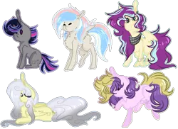 Size: 770x560 | Tagged: safe, artist:sapiira, derpibooru import, oc, oc:crescent, oc:flip, oc:serenity, oc:timpani, oc:willow, unofficial characters only, earth pony, pegasus, pony, unicorn, chest fluff, female, mare, prone, simple background, transparent background
