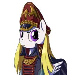 Size: 625x700 | Tagged: safe, artist:adeptus-monitus, derpibooru import, surprise, pegasus, pony, clothes, commissar, commissar hat, crossover, female, hat, mare, simple background, smiling, smirk, solo, surprisamena, transparent background, warhammer (game), warhammer 40k