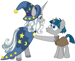 Size: 3710x3000 | Tagged: safe, artist:cloudyglow, derpibooru import, star swirl the bearded, stygian, pony, unicorn, shadow play, .ai available, cute, duo, duo male, hat, looking at each other, male, reconciliation, simple background, smiling, stallion, stygianbetes, swirlabetes, transparent background, vector, wizard, wizard hat