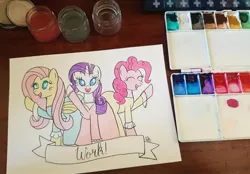 Size: 1024x712 | Tagged: safe, artist:mtfc1029, derpibooru import, fluttershy, pinkie pie, rarity, pony, and peggy, angelica schuyler, clothes, crossover, dress, eliza schuyler, hamilton, peggy schuyler, the schuyler sisters, traditional art