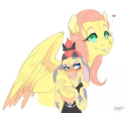 Size: 698x626 | Tagged: safe, artist:qatsby, derpibooru import, fluttershy, oc, oc:nessa mae, hybrid, blushing, bust, female, hug, hug from behind, interspecies offspring, mother and daughter, offspring, parent:fluttershy, parent:iron will, parents:ironshy, simple background, solo, story included, white background, wings