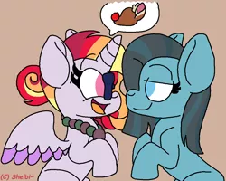 Size: 1000x801 | Tagged: safe, artist:shelbi-cat, derpibooru import, oc, oc:daybreak shine, oc:pebblestone pie, unofficial characters only, alicorn, earth pony, pony, alicorn oc, glasses, looking at each other, magical lesbian spawn, offspring, parent:cheese sandwich, parent:pinkie pie, parent:sunset shimmer, parent:twilight sparkle, parents:cheesepie, parents:sunsetsparkle, pictogram, speech bubble