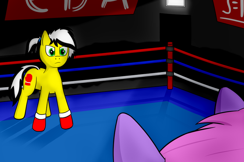 Size: 1800x1200 | Tagged: safe, artist:gexon_pane, derpibooru import, oc, oc:melody notes, oc:uppercute, unofficial characters only, earth pony, pegasus, pony, boxing, boxing gloves, boxing ring, crowd, female, freckles, mare, sports, spotlight