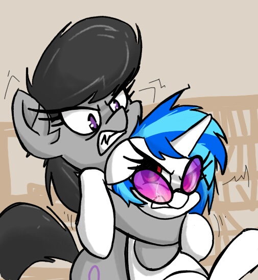 Size: 505x548 | Tagged: safe, artist:plunger, derpibooru import, octavia melody, vinyl scratch, pony, 4chan, angry, drawthread, female, floppy ears, frazzled hair, gritted teeth, headlock, mare, messy mane, my little pony, red eyes, simple background, sports, wrestling