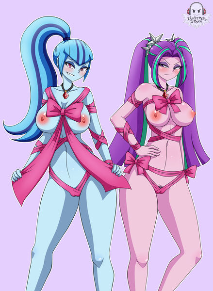 Size: 2100x2872 | Tagged: questionable, artist:ilustretsspoks, derpibooru import, aria blaze, sonata dusk, equestria girls, rainbow rocks, belly button, blushing, breasts, busty aria blaze, busty sonata dusk, cameltoe, commission, female, females only, gift wrapped, jewelry, looking at you, nipples, nudity, pendant, pubic hair, pubic hair slip, ribbon, smiling, stupid sexy aria blaze, stupid sexy sonata dusk