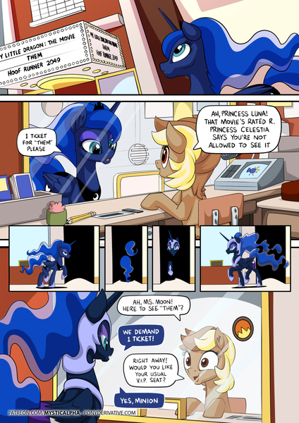 Size: 955x1351 | Tagged: safe, artist:mysticalpha, derpibooru import, nightmare moon, princess luna, oc, alicorn, earth pony, pony, blade runner 2049, cinema, comic, dark alley, dialogue, female, mare, movie reference, my little dragon, not safe for woona, parody, speech bubble, them, transformation