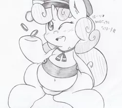 Size: 1206x1063 | Tagged: safe, artist:patoriotto, derpibooru import, sweetie belle, pony, unicorn, belly button, bit, blushing, chubbie belle, chubby, coin, ear fluff, fat, female, filly, filly scouts, fupa, grayscale, monochrome, neck fluff, one eye closed, open mouth, solo, sweetie belly, wink