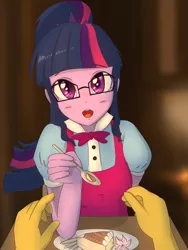 Size: 3000x4000 | Tagged: safe, artist:yinglongfujun, derpibooru import, sci-twi, sunset shimmer, twilight sparkle, equestria girls, absurd resolution, blushing, cute, feeding, female, female pov, first person view, food, lesbian, looking at each other, looking at you, offscreen character, pov, scitwishimmer, shipping, spoon, sunsetsparkle, twiabetes