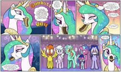 Size: 1920x1149 | Tagged: suggestive, artist:pencils, derpibooru import, lyra heartstrings, princess celestia, alicorn, earth pony, pegasus, pony, unicorn, comic:sunbutt sunday, :i, :o, background pony, blushing, blushing profusely, colt, comedy, comic, covering eyes, crown, dialogue, eating, eclair, eyeshadow, female, food, horn, jewelry, licking, magic, makeup, male, mare, not porn, oblivious, open mouth, peytral, princess celestia loves eclairs, regalia, speech bubble, spread wings, stallion, suggestive eating, sweat, sweating towel guy, telekinesis, thought bubble, tongue out, towel, varying degrees of want, want, we bought two cakes, wingboner, wings
