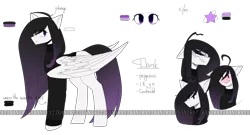 Size: 3000x1625 | Tagged: safe, artist:cupofvanillatea, derpibooru import, oc, oc:dark, unofficial characters only, pegasus, pony, female, mare, reference sheet, solo, watermark