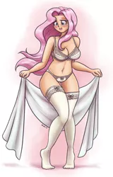 Size: 1024x1600 | Tagged: suggestive, artist:king-kakapo, derpibooru import, part of a set, fluttershy, human, adorasexy, blushing, bra, breasts, busty fluttershy, cleavage, clothes, cute, female, frilly underwear, hips, humanized, image, light skin, lingerie, lipstick, panties, png, race swap, ribbon, scarf, sexy, shyabetes, smiling, socks, solo, solo female, stocking feet, stockings, stupid sexy fluttershy, thigh highs, underwear, white underwear