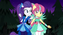 Size: 1280x720 | Tagged: safe, artist:limedazzle, artist:mixiepie, artist:themexicanpunisher, derpibooru import, rarity, sour sweet, equestria girls, legend of everfree, alternate hairstyle, clothes, crystal guardian, crystal wings, dress, forest, night, ponied up, stars, tree