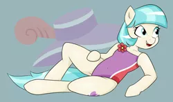 Size: 3265x1935 | Tagged: safe, artist:nero9, derpibooru import, coco pommel, earth pony, semi-anthro, cel shading, clothes, cocobetes, cute, cutie mark background, draw me like one of your french girls, female, flower, mare, one-piece swimsuit, simple background, solo, swimsuit