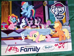 Size: 1087x827 | Tagged: angel bunny, applejack, autograph, canterlot castle, cupcake, derpibooru import, discovery family, dragon, fire, fire breath, fluttershy, food, mane seven, mane six, my little pony logo, pie, pinkie pie, poster, rainbow dash, rarity, rarity is not amused, safe, signature, spike, starlight glimmer, tara strong, twilight sparkle, unamused