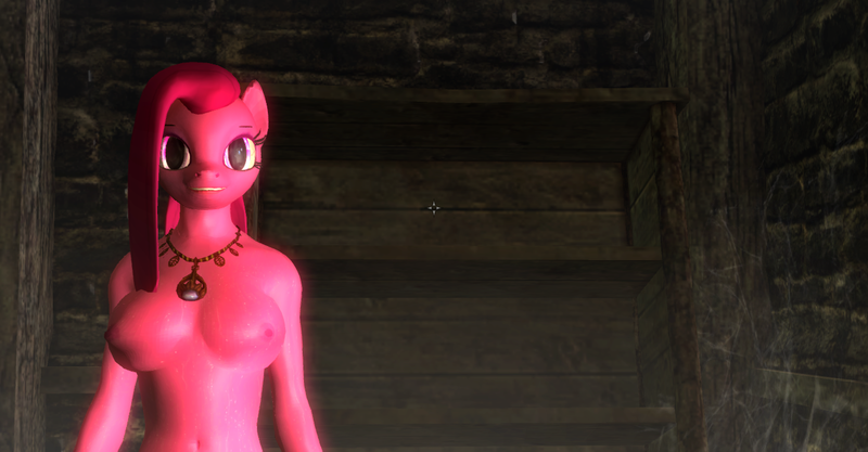 Size: 1280x667 | Tagged: 3d, anthro, artist:somethingsomething, belly button, breasts, derpibooru import, female, jewelry, looking at you, mod, necklace, nipples, nudity, pinkamena diane pie, pinkie pie, questionable, skyrim, smiling, solo, solo female, sweat, the elder scrolls