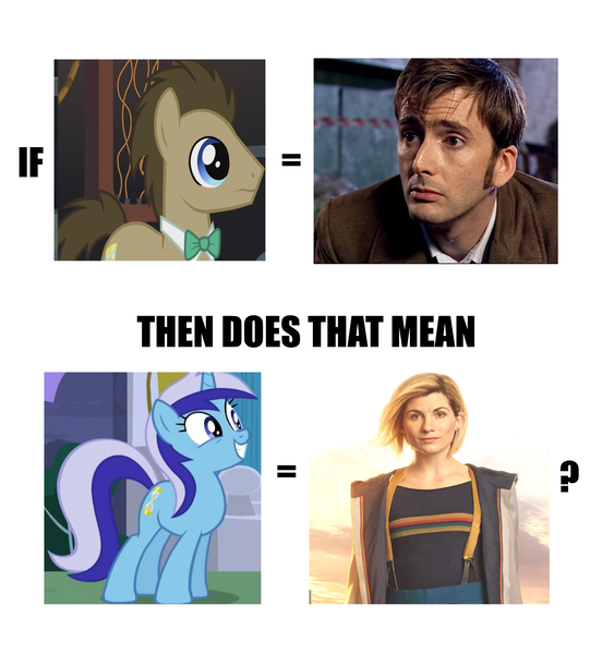 Size: 3008x3337 | Tagged: bbc, david tennant, derpibooru import, doctor who, doctor whooves, edit, headcanon, human, image macro, irl, irl human, jodie whittaker, meme, minuette, photo, safe, tenth doctor, theory, thirteenth doctor, time turner