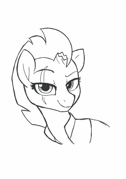 Size: 752x1063 | Tagged: safe, artist:gahoon, derpibooru import, tempest shadow, pony, unicorn, my little pony: the movie, black and white, broken horn, clothes, eye scar, female, grayscale, looking at you, mare, monochrome, scar, simple background, sketch, smiling, solo, traditional art, white background