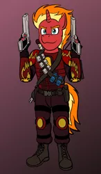 Size: 700x1200 | Tagged: safe, artist:regularmouseboy, derpibooru import, oc, oc:valiant flame, unofficial characters only, anthro, unicorn, armor, assault rifle, boots, cartridge, clothes, desert eagle, flashbang, g36, gradient background, gun, rifle, shoes, simple background, solo, sword, weapon