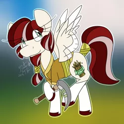 Size: 2000x2000 | Tagged: safe, artist:rosexknight, derpibooru import, oc, oc:nanako, unofficial characters only, pegasus, pony, clothes, cutie mark, farmer, female, green eyes, multicolored hair, neighponese, sickle, solo, vaguely asian robe, wings