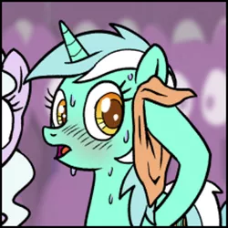 Size: 357x357 | Tagged: safe, artist:pencils, derpibooru import, edit, lyra heartstrings, pony, unicorn, comic:sunbutt sunday, blushing, female, image, mare, meme, open mouth, png, reaction image, sweat, sweating profusely, sweating towel guy