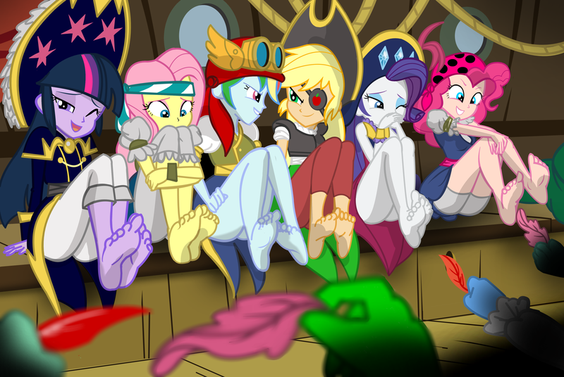 Size: 2200x1474 | Tagged: suggestive, artist:succubi samus, derpibooru import, applejack, fluttershy, pinkie pie, rainbow dash, rarity, twilight sparkle, equestria girls, my little pony: the movie, alternate hairstyle, balloonbutt, bandana, barefoot, clothes, cute, erotic tickling, eyepatch, feather, feet, female, fetish, foot fetish, goggles, hat, humane five, humane six, imminent tickles, male, mane six, one eye closed, pirate applejack, pirate fluttershy, pirate pinkie pie, pirate rainbow dash, pirate rarity, pirate twilight, schrödinger's pantsu, this will end in tickles, tickle fetish, tickle torture, tickling