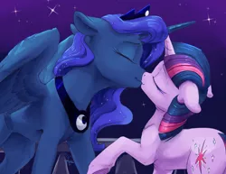 Size: 6600x5100 | Tagged: safe, artist:silfoe, derpibooru import, princess luna, twilight sparkle, alicorn, pony, unicorn, fanfic, fanfic:twilight good night, absurd resolution, eyes closed, fanfic art, female, floppy ears, kissing, lesbian, making out, mare, night, shipping, smiling, stars, twiluna, underhoof, unicorn twilight