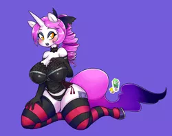Size: 1280x1016 | Tagged: anthro, anthro oc, artist:basketgardevoir, big breasts, bow, breasts, choker, clothes, corset, derpibooru import, evening gloves, eyeshadow, female, gloves, goth, hair bow, kneeling, lingerie, lipstick, long gloves, makeup, oc, oc:bubblegum, panties, socks, stockings, striped socks, suggestive, thigh highs, underwear, unguligrade anthro, unofficial characters only