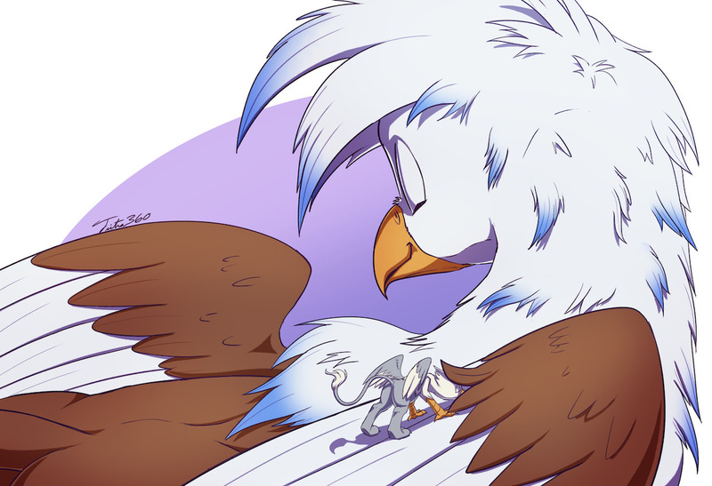 Size: 1280x875 | Tagged: safe, artist:tsitra360, derpibooru import, oc, oc:der, oc:zephyrus, unofficial characters only, gryphon, behaving like a bird, birds doing bird things, duo, eyes closed, male, micro, preening