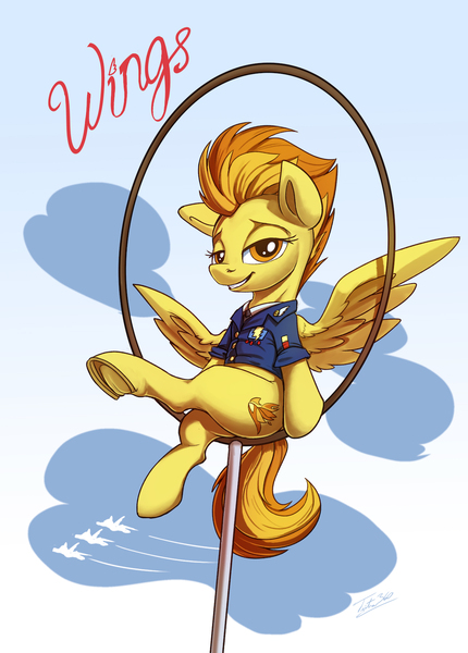 Size: 1280x1787 | Tagged: safe, artist:tsitra360, derpibooru import, spitfire, pegasus, pony, clothes, female, looking at you, mare, sitting, smiling, solo, spread wings, underhoof, wings