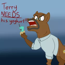 Size: 3000x3000 | Tagged: safe, artist:bigmackintosh, derpibooru import, ponified, earth pony, pony, brooklyn nine nine, clothes, dialogue, male, shirt, solo, stallion, terry crews, terry jeffords, yogurt