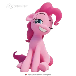 Size: 2048x2048 | Tagged: safe, artist:therealdjthed, derpibooru import, pinkie pie, earth pony, pony, 3d, 3d model, blender, cycles, cycles render, female, floppy ears, grin, mare, model:djthed, one eye closed, patreon, patreon logo, simple background, sitting, smiling, solo, transparent background, wink