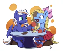 Size: 3000x2452 | Tagged: safe, artist:tsitra360, derpibooru import, oc, oc:cuteamena, oc:electric blue, unofficial characters only, pegasus, pony, beard, bow, cake, clothes, coffee, coffee mug, couple, cute, eating, electricute, facial hair, female, food, male, mare, mug, ocbetes, shipping, simple background, sitting, skirt, socks, stallion, striped socks, suspicious, wing hands