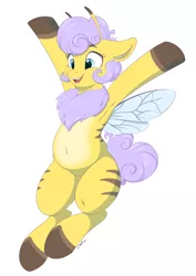 Size: 2894x4093 | Tagged: safe, artist:faline-art, derpibooru import, oc, oc:elderflower, unofficial characters only, bee pony, original species, pony, armpits, belly, belly button, cute, female, mare, simple background, smiling, solo