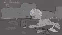 Size: 1084x613 | Tagged: safe, artist:surcouff, derpibooru import, oc, oc:deady, unofficial characters only, classical unicorn, pony, unicorn, fallout equestria, cloven hooves, curved horn, cutie mark, female, glowing horn, grayscale, gun, hooves, horn, leonine tail, levitation, lying down, magic, mare, monochrome, optical sight, radio, rifle, sniper, sniper rifle, solo, telekinesis, text, unshorn fetlocks, wasteland, weapon