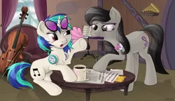Size: 2235x1287 | Tagged: safe, artist:awalex, derpibooru import, octavia melody, vinyl scratch, pony, annoyed, cello, chair, coffee, coffee mug, coffee table, duo, duster, dusting, female, mouth hold, mug, music stand, musical instrument, newspaper, panpipes, table