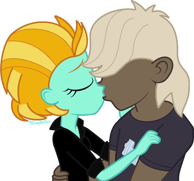 Size: 1024x956 | Tagged: safe, artist:crazybonbun, derpibooru import, dumbbell, lightning dust, equestria girls, equestria girls-ified, female, kissing, lightningbell, male, shipping, straight