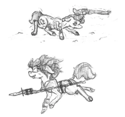 Size: 1074x1006 | Tagged: action pose, artist:surcouff, derpibooru import, fallout equestria, grayscale, gun, improvised weapon, monochrome, raider, safe, shotgun, sketch, spear, traditional art, wasteland, weapon