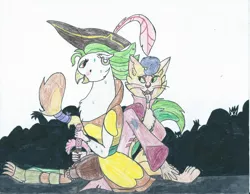 Size: 2195x1700 | Tagged: abyssinian, anthro, artist:triforce-treasure, bird, caplaeno, capper dapperpaws, captain celaeno, cat, derpibooru import, my little pony: the movie, safe, shipping, traditional art