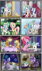 Size: 1024x1741 | Tagged: safe, artist:bonsia-lucky, derpibooru import, applejack, fluttershy, pinkie pie, princess celestia, rainbow dash, rarity, spike, starlight glimmer, twilight sparkle, twilight sparkle (alicorn), alicorn, butterfly, dragon, earth pony, pegasus, pony, unicorn, age regression, baby, baby pony, book, braces, comic, cushion, cute, cutelestia, dinner table, eyes closed, female, filly, fireworks, flying, food, giggling, glowing horn, grin, laughing, mane eight, no dialogue, open mouth, pancakes, ponytail, prone, raised hoof, reading, sitting, smiling, talking, teenager, walking
